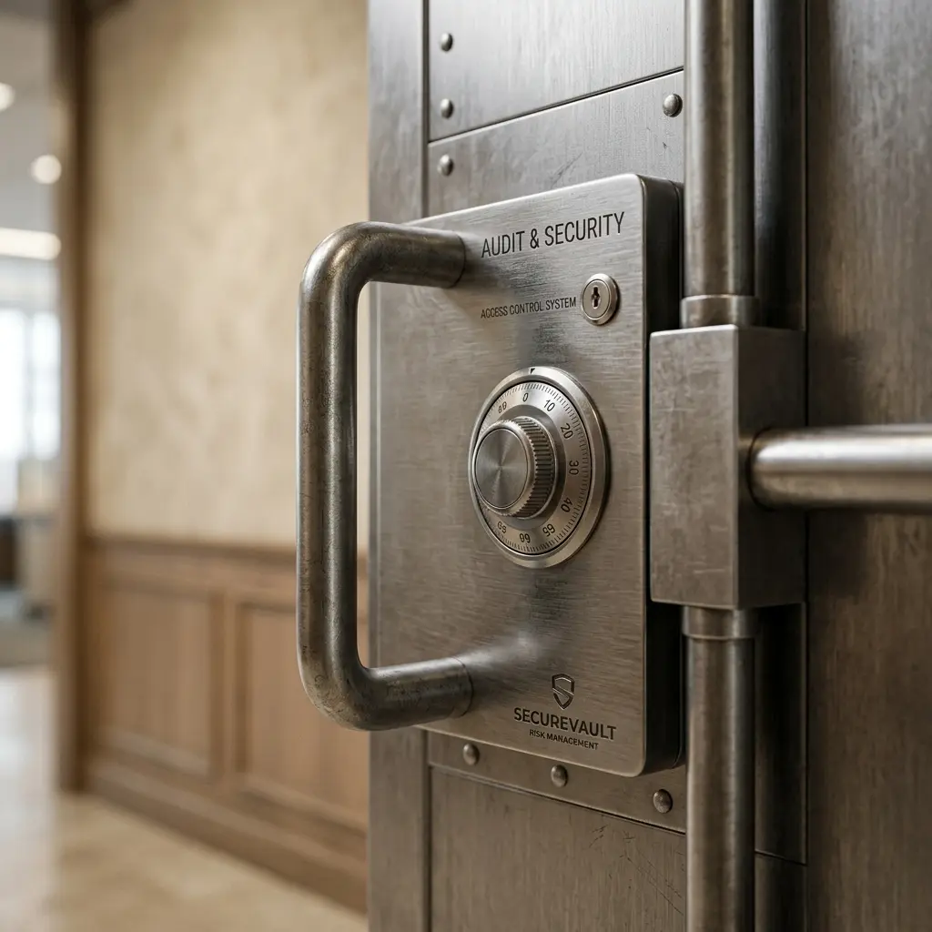 Sécurité des opérations et conformité bancaire Porte blindée de chambre forte bancaire entrouverte - Sécurisation des flux, maîtrise des risques financiers et conformité aux standards bancaires